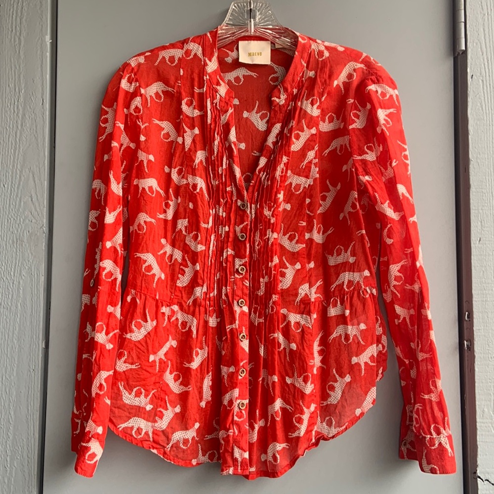 Anthropologie Maeve Cat Blouse in Red and White Button Up Long Sleeves Size 6P